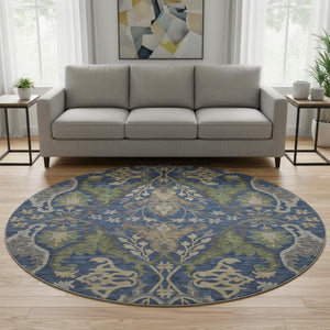 HomeRoots 8' Washable Round Floral Rug in Navy Blue, Olive Green & Brown - UV Protected, Stain Resistant & Stylish 686942