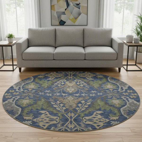 HomeRoots 8' Washable Round Floral Rug in Navy Blue, Olive Green & Brown - UV Protected, Stain Resistant & Stylish 686942