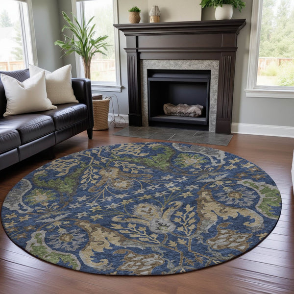 HomeRoots 8' Washable Round Floral Rug in Navy Blue, Olive Green & Brown - UV Protected, Stain Resistant & Stylish 686942