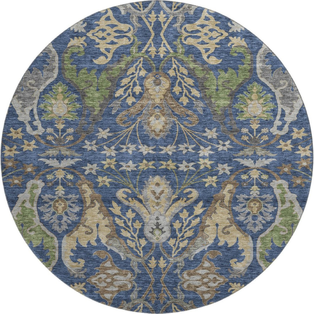 HomeRoots 8' Washable Round Floral Rug in Navy Blue, Olive Green & Brown - UV Protected, Stain Resistant & Stylish 686942