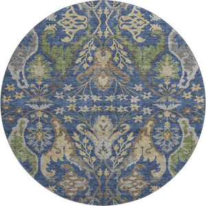 HomeRoots 8' Washable Round Floral Rug in Navy Blue, Olive Green & Brown - UV Protected, Stain Resistant & Stylish 686942