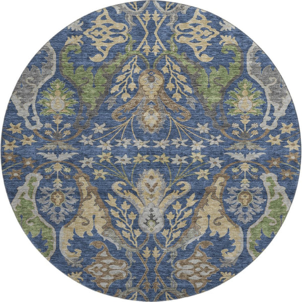 HomeRoots 8' Washable Round Floral Rug in Navy Blue, Olive Green & Brown - UV Protected, Stain Resistant & Stylish 686942