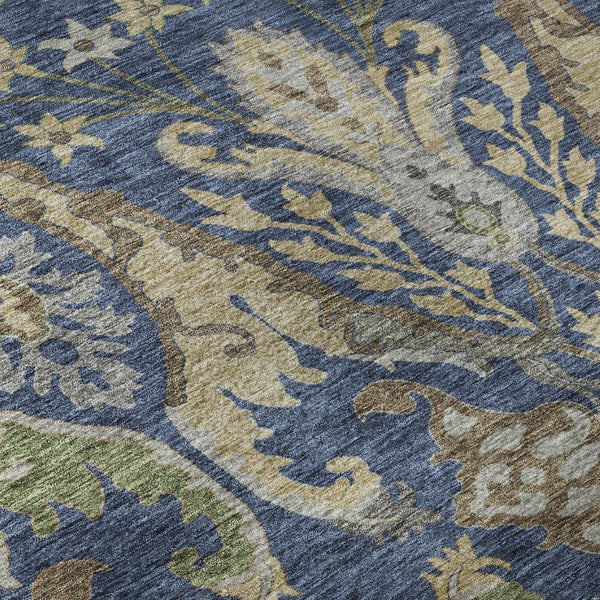 HomeRoots 8' Washable Round Floral Rug in Navy Blue, Olive Green & Brown - UV Protected, Stain Resistant & Stylish 686942