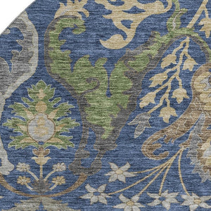 HomeRoots 8' Washable Round Floral Rug in Navy Blue, Olive Green & Brown - UV Protected, Stain Resistant & Stylish 686942