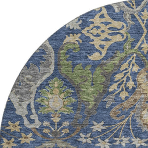 HomeRoots 8' Washable Round Floral Rug in Navy Blue, Olive Green & Brown - UV Protected, Stain Resistant & Stylish 686942
