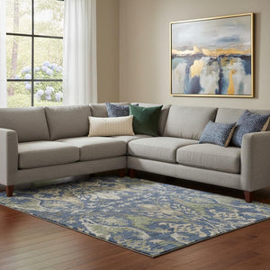 HomeRoots 8' X 10' Floral Washable Area Rug in Navy Blue, Olive Green & Brown - UV Protected & Stain Resistant 686943