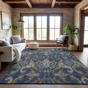 HomeRoots 8' X 10' Floral Washable Area Rug in Navy Blue, Olive Green & Brown - UV Protected & Stain Resistant 686943
