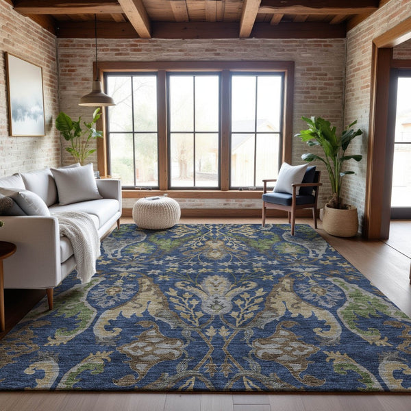 HomeRoots 8' X 10' Floral Washable Area Rug in Navy Blue, Olive Green & Brown - UV Protected & Stain Resistant 686943