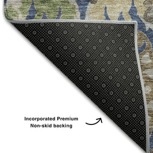 HomeRoots 8' X 10' Floral Washable Area Rug in Navy Blue, Olive Green & Brown - UV Protected & Stain Resistant 686943
