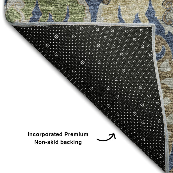 HomeRoots 8' X 10' Floral Washable Area Rug in Navy Blue, Olive Green & Brown - UV Protected & Stain Resistant 686943