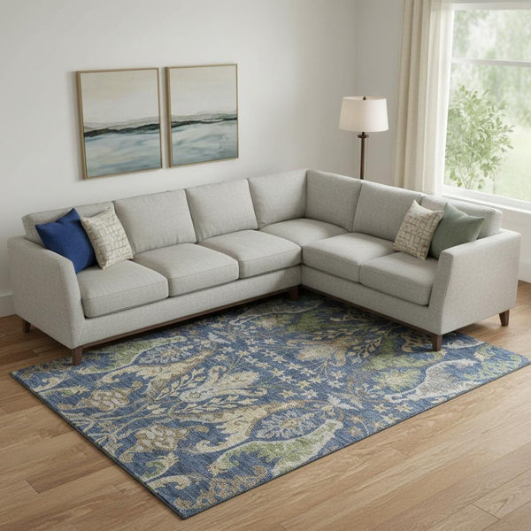 HomeRoots 9' X 12' Washable Floral Area Rug in Navy Blue, Olive Green & Brown - UV Protection & Stain Resistant 686944