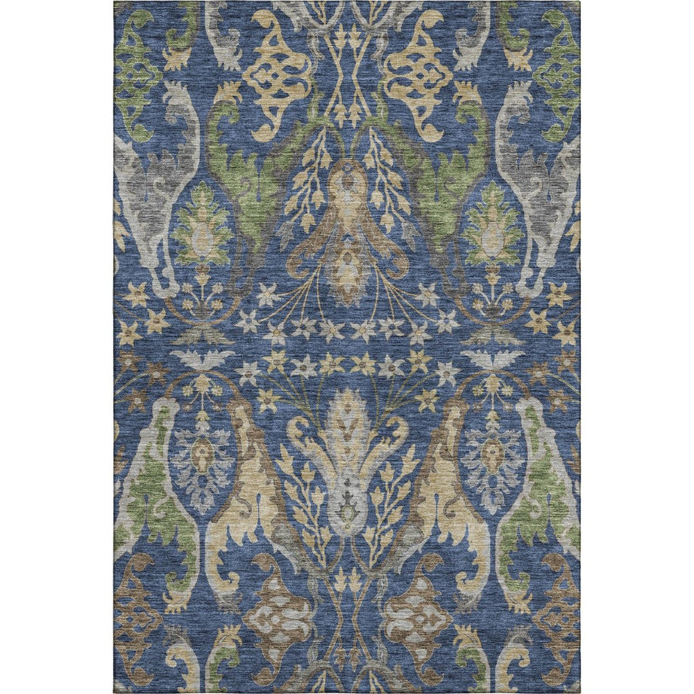 HomeRoots 9' X 12' Washable Floral Area Rug in Navy Blue, Olive Green & Brown - UV Protection & Stain Resistant 686944