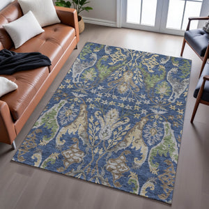 HomeRoots 9' X 12' Washable Floral Area Rug in Navy Blue, Olive Green & Brown - UV Protection & Stain Resistant 686944