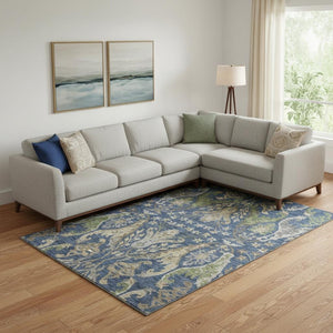 HomeRoots 10' Navy Blue Floral Area Rug - Washable, UV Protected, Stain Resistant for High-Traffic Spaces 686945