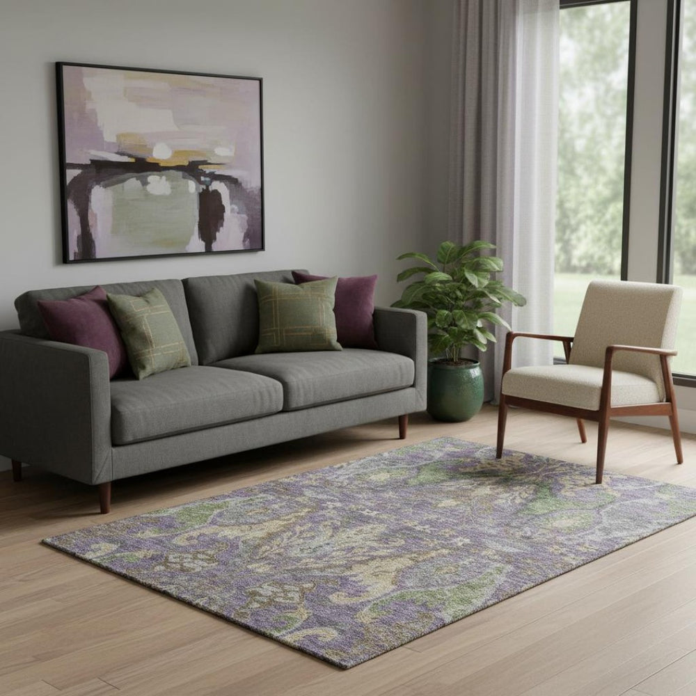 HomeRoots 5' X 8' Floral Area Rug in Purple, Gray & Olive - Durable, Stain-Resistant, UV-Protected Design! 686947
