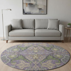 HomeRoots 8' Vibrant Floral Round Rug in Purple, Gray & Olive Green - Washable, UV Protected & Stain Resistant! 686948