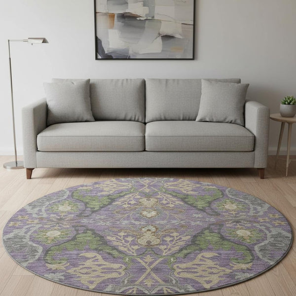 HomeRoots 8' Vibrant Floral Round Rug in Purple, Gray & Olive Green - Washable, UV Protected & Stain Resistant! 686948