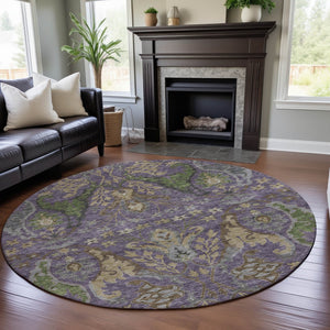 HomeRoots 8' Vibrant Floral Round Rug in Purple, Gray & Olive Green - Washable, UV Protected & Stain Resistant! 686948