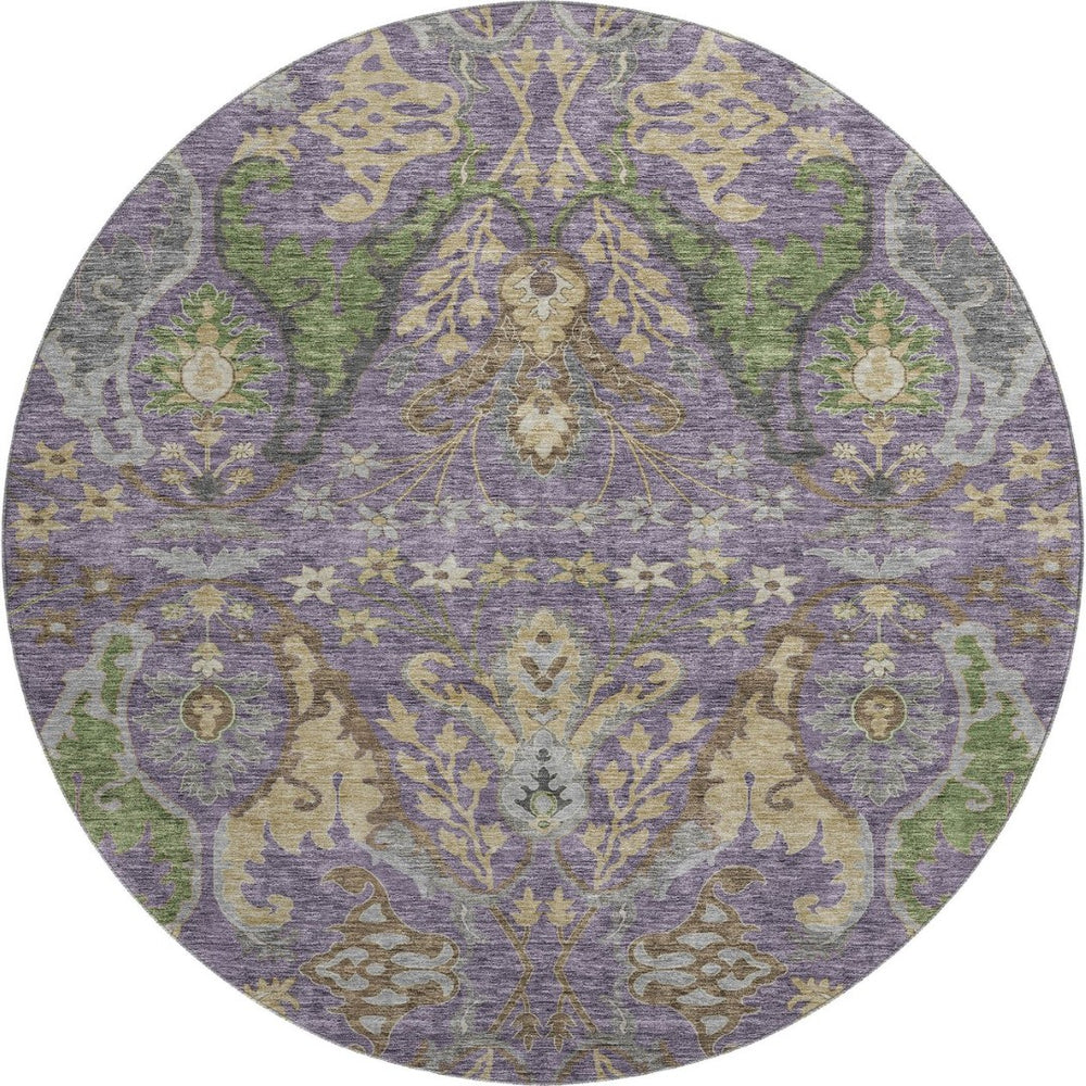 HomeRoots 8' Vibrant Floral Round Rug in Purple, Gray & Olive Green - Washable, UV Protected & Stain Resistant! 686948