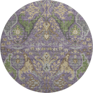 HomeRoots 8' Vibrant Floral Round Rug in Purple, Gray & Olive Green - Washable, UV Protected & Stain Resistant! 686948
