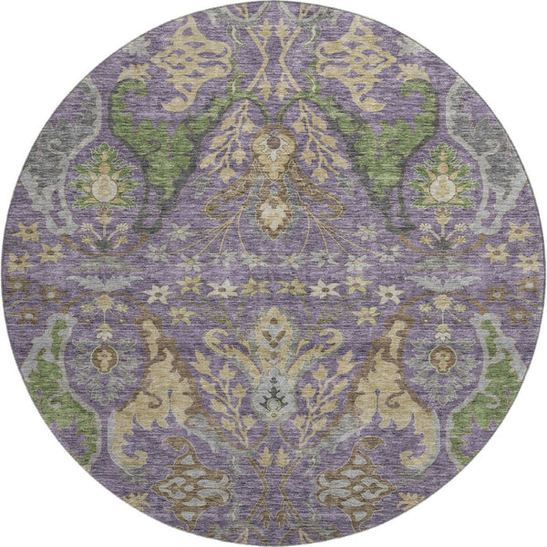 HomeRoots 8' Vibrant Floral Round Rug in Purple, Gray & Olive Green - Washable, UV Protected & Stain Resistant! 686948
