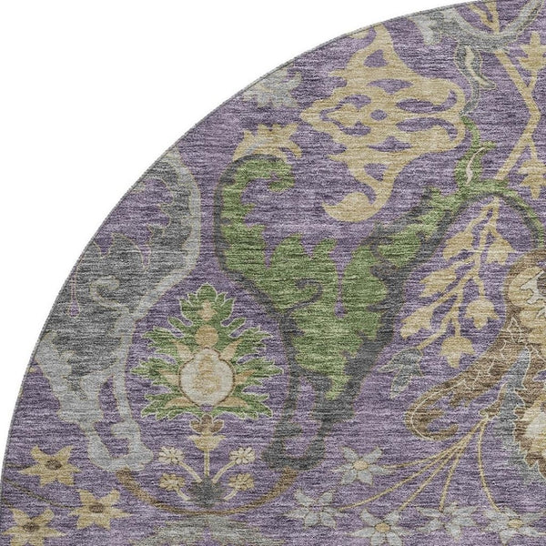 HomeRoots 8' Vibrant Floral Round Rug in Purple, Gray & Olive Green - Washable, UV Protected & Stain Resistant! 686948