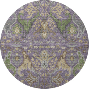 HomeRoots 8' Vibrant Floral Round Rug in Purple, Gray & Olive Green - Washable, UV Protected & Stain Resistant! 686948