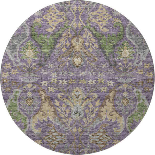 HomeRoots 8' Vibrant Floral Round Rug in Purple, Gray & Olive Green - Washable, UV Protected & Stain Resistant! 686948