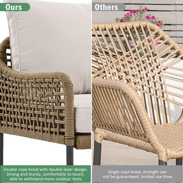 English Elm K&K 6-Piece Rope Patio L-Shaped Sectional Set with Acacia Wood Ice Box Table and Deep Cushions Beige+Brown N707S000014Z