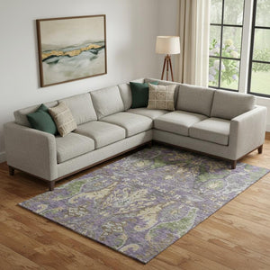 HomeRoots 9' X 12' Floral Washable Area Rug in Purple, Gray & Olive Green - UV Protection, Stain-Resistant Comfort 686950