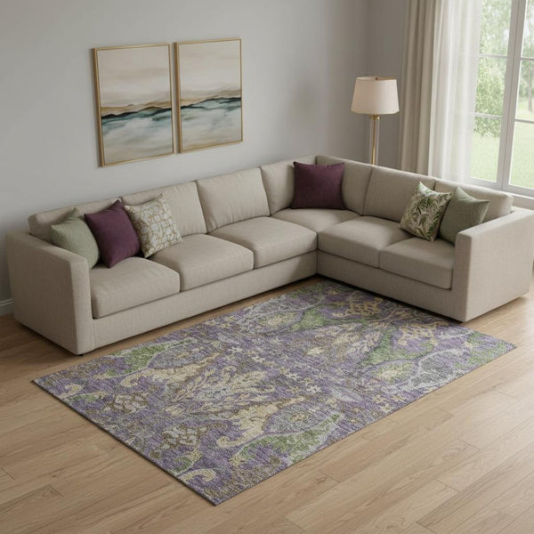 HomeRoots 10' X 14' Floral Area Rug in Purple, Gray & Olive Green - Washable, UV Protected & Kid-Friendly 686951