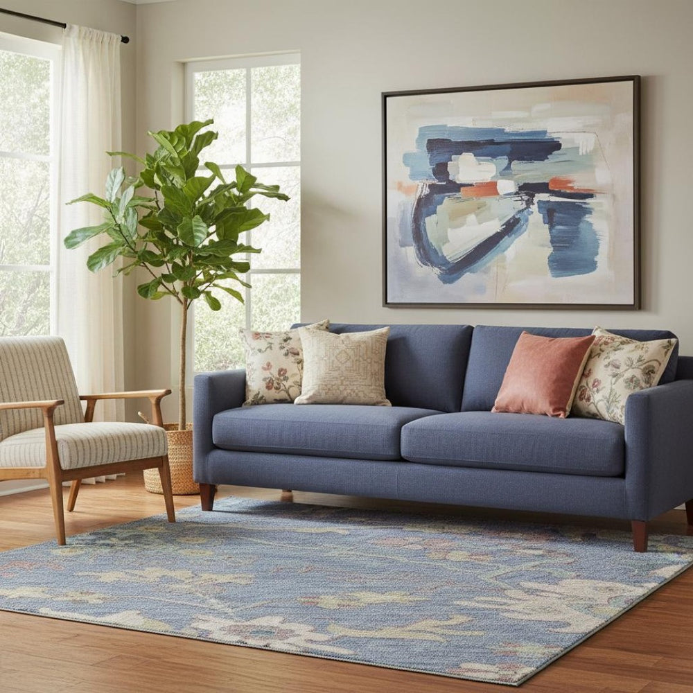 HomeRoots 5' Blue Blush & Gold Floral Area Rug - Washable, UV-Protected, Durable for Homes with Kids & Pets 686953