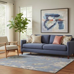 HomeRoots 5' Blue Blush & Gold Floral Area Rug - Washable, UV-Protected, Durable for Homes with Kids & Pets 686953
