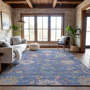 HomeRoots 5' Blue Blush & Gold Floral Area Rug - Washable, UV-Protected, Durable for Homes with Kids & Pets 686953