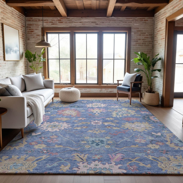 HomeRoots 5' Blue Blush & Gold Floral Area Rug - Washable, UV-Protected, Durable for Homes with Kids & Pets 686953