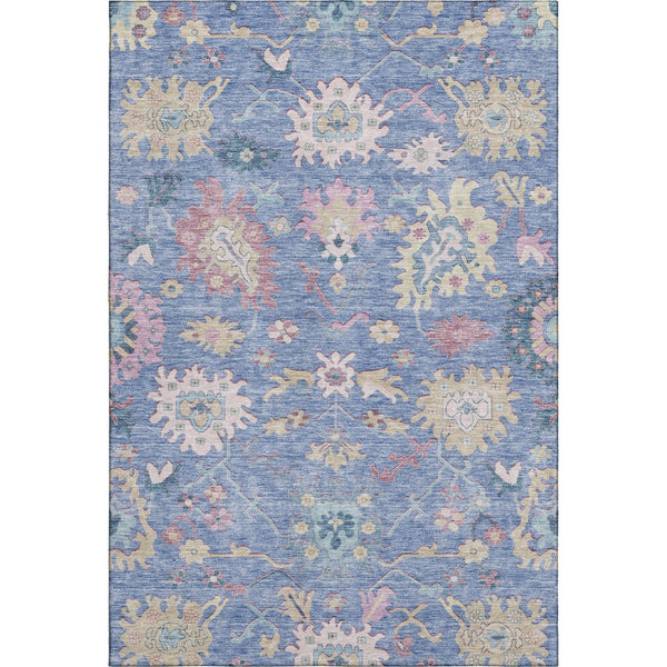 HomeRoots 5' Blue Blush & Gold Floral Area Rug - Washable, UV-Protected, Durable for Homes with Kids & Pets 686953