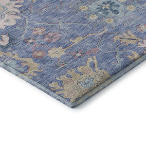 HomeRoots 5' Blue Blush & Gold Floral Area Rug - Washable, UV-Protected, Durable for Homes with Kids & Pets 686953