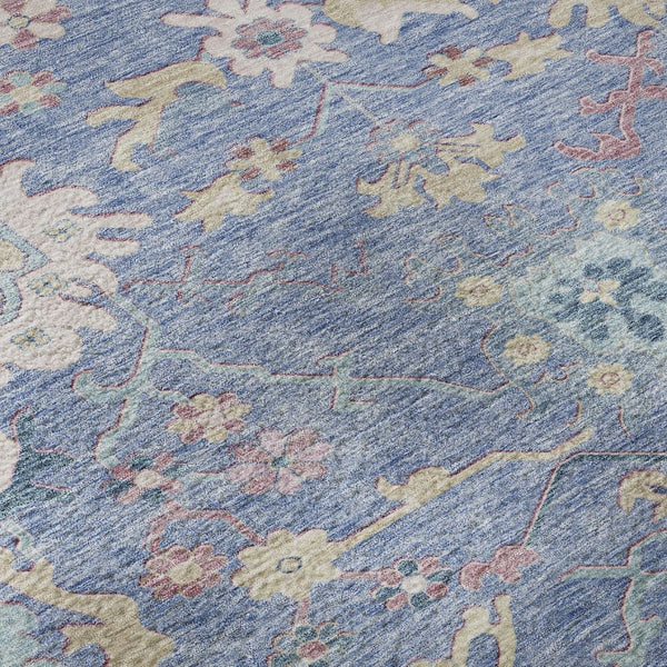 HomeRoots 5' Blue Blush & Gold Floral Area Rug - Washable, UV-Protected, Durable for Homes with Kids & Pets 686953