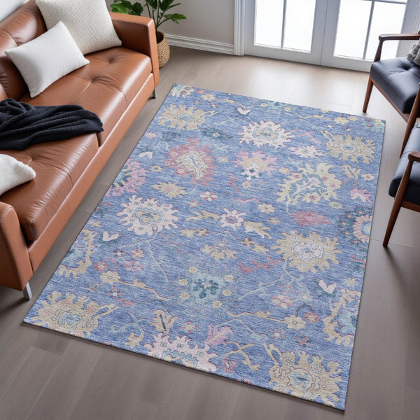 HomeRoots 5' Blue Blush & Gold Floral Area Rug - Washable, UV-Protected, Durable for Homes with Kids & Pets 686953