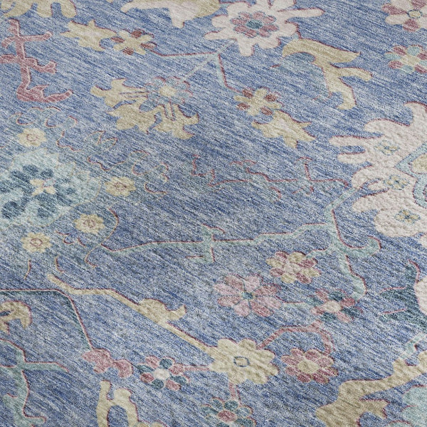 HomeRoots 5' Blue Blush & Gold Floral Area Rug - Washable, UV-Protected, Durable for Homes with Kids & Pets 686953