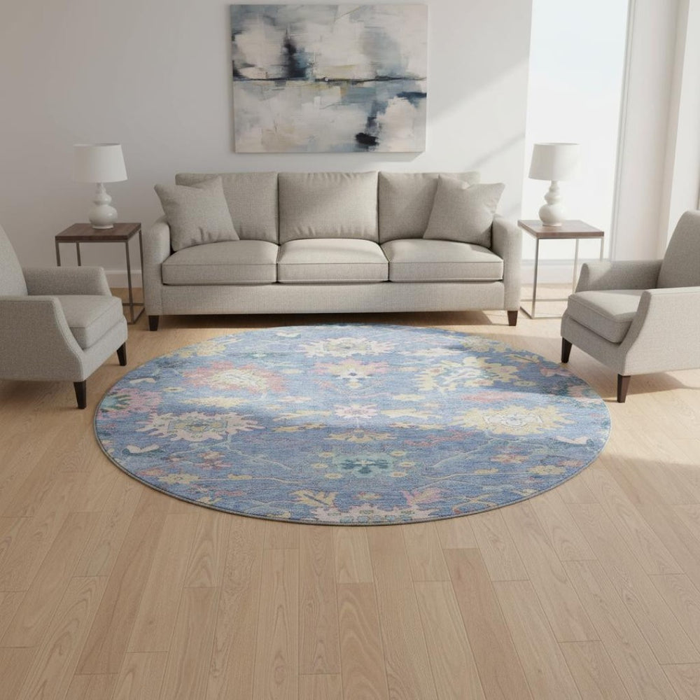 HomeRoots 8' Washable Round Rug in Blue, Blush & Gold Floral Design – Durable, UV Protected for Busy Homes 686954