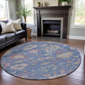HomeRoots 8' Washable Round Rug in Blue, Blush & Gold Floral Design – Durable, UV Protected for Busy Homes 686954