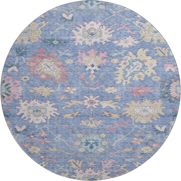 HomeRoots 8' Washable Round Rug in Blue, Blush & Gold Floral Design – Durable, UV Protected for Busy Homes 686954