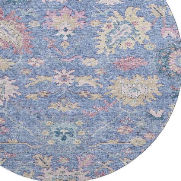 HomeRoots 8' Washable Round Rug in Blue, Blush & Gold Floral Design – Durable, UV Protected for Busy Homes 686954