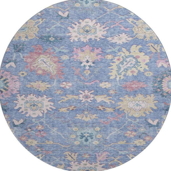 HomeRoots 8' Washable Round Rug in Blue, Blush & Gold Floral Design – Durable, UV Protected for Busy Homes 686954
