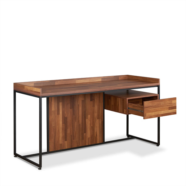 English Elm Walnut Modern Writing Desk with Drawer and Sandy Black Sled Base—Spacious 62" Surface, Stylish Office centerpiece B062P215486
