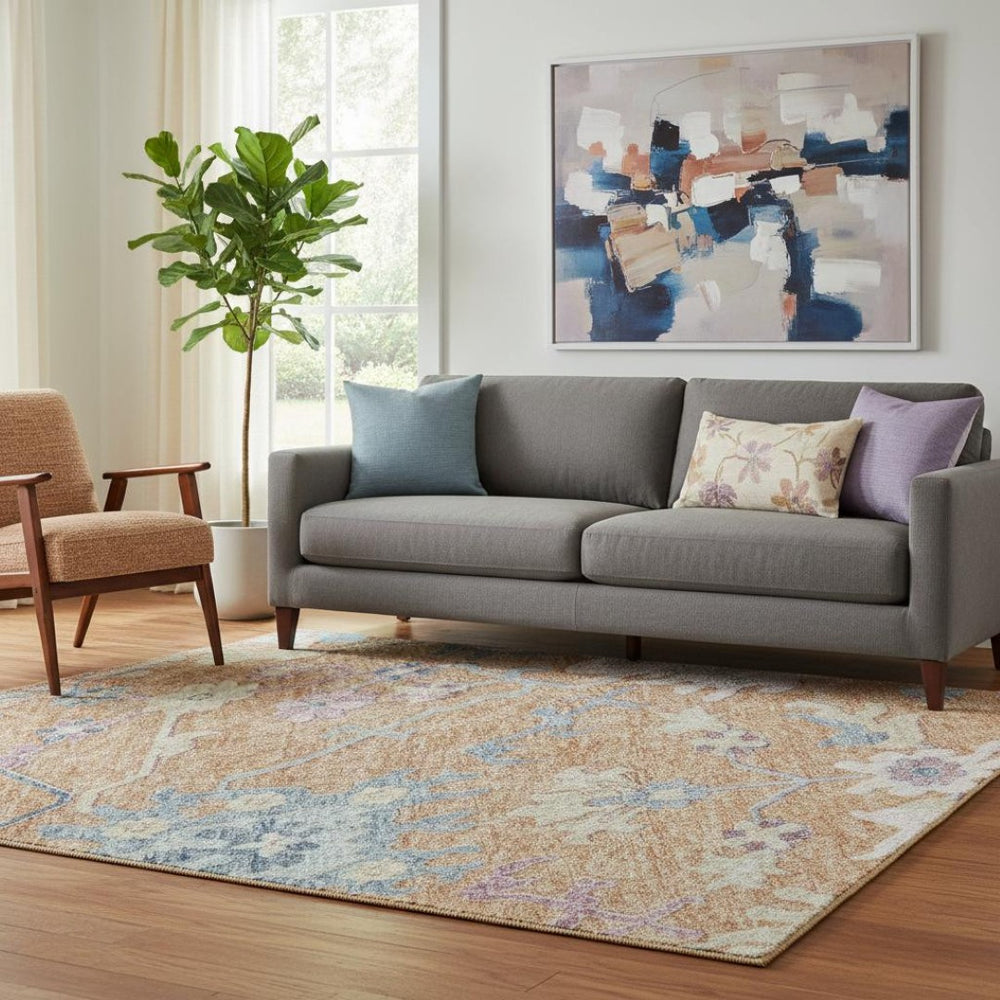 HomeRoots 5' X 8' Washable Floral Area Rug in Orange, Teal & Pink - UV Resistant, Soft, Durable for Busy Homes 686959