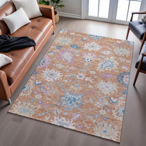 HomeRoots 5' X 8' Washable Floral Area Rug in Orange, Teal & Pink - UV Resistant, Soft, Durable for Busy Homes 686959
