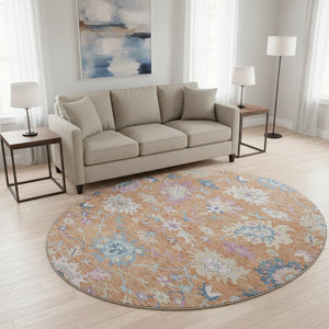 HomeRoots 8' Vibrant Floral Round Rug in Orange, Teal & Pink - Washable, UV Protected & Stain Resistant! 686960