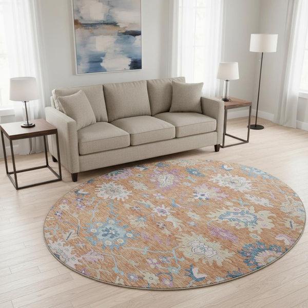 HomeRoots 8' Vibrant Floral Round Rug in Orange, Teal & Pink - Washable, UV Protected & Stain Resistant! 686960